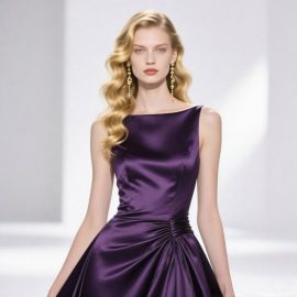 Elegant Purple Satin Sleeveless Evening Dress with Ruched Waist - Chic Formal Gown