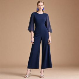 Elegant Navy Blue Jumpsuit: Flared Chiffon Sleeves & Wide - Leg Design for Chic Look