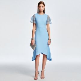 Light Blue Asymmetrical Hem Dress with Ruffled Mesh Sleeves - Elegant Women's Fashion