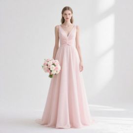 Elegant Light Pink V-Neck Chiffon Long Evening Dress