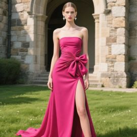 Elegant Fuchsia Strapless Gown with Big Bow & High Slit - Formal Occasion Dress