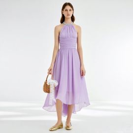 Lavender Halter Neck Asymmetric Hem Dress | Pleated Waist & Flowy Chiffon Skirt