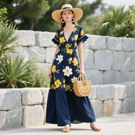 Navy Blue Floral V-Neck Ruffled Sleeve Maxi Dress - Summer Boho Style