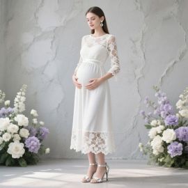 Elegant White Lace Maternity Dress - Chiffon Long Sleeve Pregnancy Gown