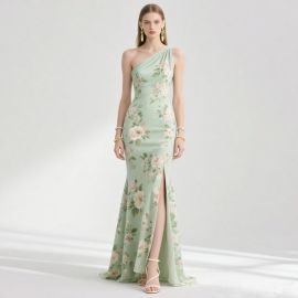Elegant One - Shoulder Floral Print High Slit Maxi Evening Gown