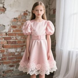 Elegant Girls Pink Satin Dress: Puff Sleeves, Lace Hem & Belted Waist - Perfect for Parties