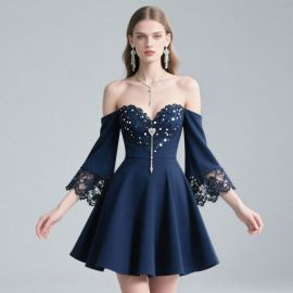 Navy Blue Off - Shoulder Short Dress with Lace & Sequins for Evening Party