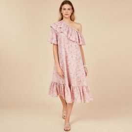 Pink Floral One - Shoulder Ruffled Midi Dress