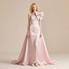 Elegant Pink One-Shoulder Gown with Oversized Bow - Chic Evening Dress