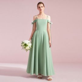Sage Green Off - Shoulder Long Bridesmaid Dress with Bow Details