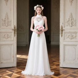 Elegant Halter Neck Wedding Dress with Lace Bodice & Flowing Chiffon Skirt - Timeless Bridal Gown for Your Special Day