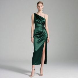 Emerald Green One - Shoulder Satin Slit Gown - Elegant Evening Dress