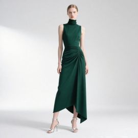 Emerald Green Turtleneck Sleeveless Asymmetric Hem Pleated Maxi Dress