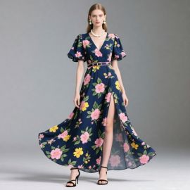 Chic Floral Print Deep V-Neck Puff Sleeve High-Slit Waist-Belt Maxi Dress