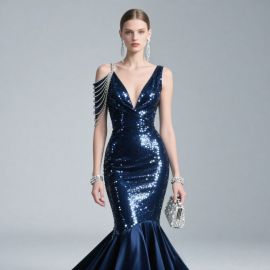 Navy Blue Sequined One-Shoulder Mermaid Evening Dress - Glamorous Sparkle for Formal Occasions