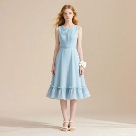 Light Blue Sleeveless Pleated Ruffled Hem Midi Dress - Elegant Summer Style