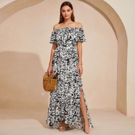 Off - Shoulder Black & White Floral Print Maxi Dress with Slit