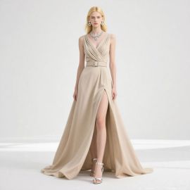 Elegant Sleeveless Wrap-Style High-Slit Long Evening Gown - Chic Formal Dress
