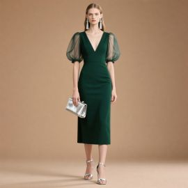 Elegant Emerald Green V - Neck Midi Dress with Sheer Puff Sleeves