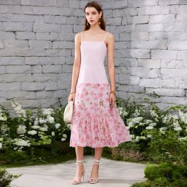 Pink Spaghetti Strap Dress with Floral Print Tiered Skirt - Romantic Summer Style