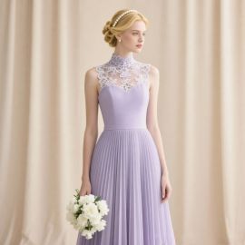 Lavender Lace High - Neck Pleated Bridesmaid Wedding Dress