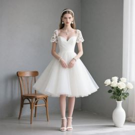 Chic Short White Wedding Dress: Lace Sleeves & Tulle Skirt for Brides