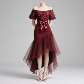 Burgundy Off - Shoulder Dress with Floral Embroidery, Bow Belt & Asymmetric Tulle Hem
