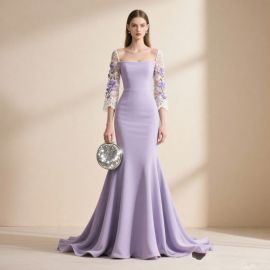 Lavender Mermaid Evening Gown with Floral Lace Sleeves - Elegant Formal Dress