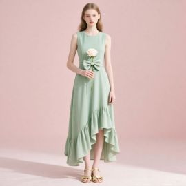Sage Green Sleeveless High - Low Hem Bow Detail Elegant Midi Dress