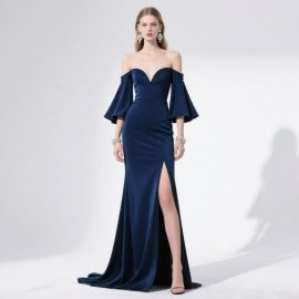 Elegant Navy Blue Off - Shoulder Gown with Flared Sleeves & High Slit for Evening Events