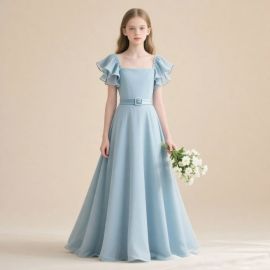 Light Blue Long Dress for Girls: Ruffled Sleeves & Belted Waist, Wedding/Party Perfect