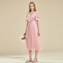 Pink Off-Shoulder Ruffled Pleated Midi Dress - Elegant Summer Style