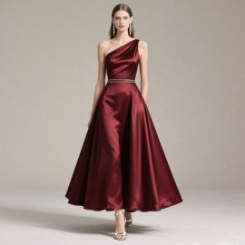 Elegant Burgundy One - Shoulder Satin Evening Gown with Rhinestone Waistband