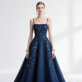 Navy Blue Sequined A - Line Evening Dress with Spaghetti Straps