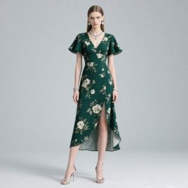 Elegant Dark Green Floral Print High-Low Hem V-Neck Midi Dress