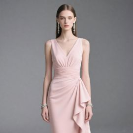 Blush Pink Sleeveless V-Neck Pleated Waist Asymmetric Ruffle Formal Evening Dress