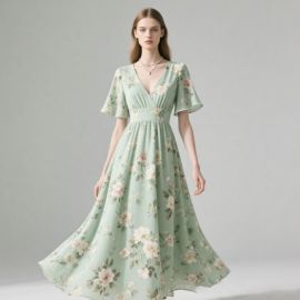 Light Green Floral V-Neck Waist Cinched Flowy Maxi Dress