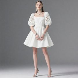 Elegant White Square Neck Mini Dress with Puff Sleeves & Cutout Details