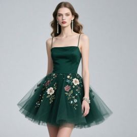 Emerald Green Spaghetti Strap Short Dress with Floral Embroidery Tulle Skirt
