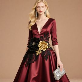 Burgundy Satin Deep V-Neck 3/4 Sleeve Floral Appliqué Elegant Evening Gown