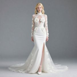 Elegant High-Neck Long-Sleeve Lace Mermaid Wedding Dress with Floral Appliqués & Slit Design
