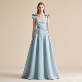Light Blue Bow Shoulder Square Neck Waist-Cinched A-Line Gown