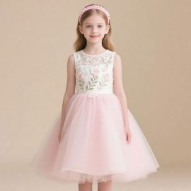 Pink Tulle Lace Flower Girl Dress - Sleeveless Princess Gown for Party/Wedding