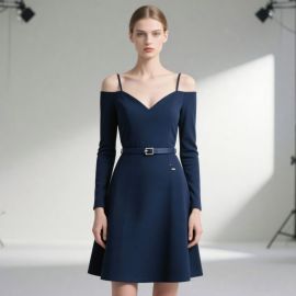 Elegant Navy Blue Off-Shoulder Long-Sleeve Belted Dress - Chic Office & Party Wear