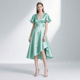 Mint Green Satin V-Neck Dress: Ruffled Sleeves & High-Low Hem Design