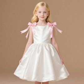 Charming Girls White Sleeveless Dress with Pink Bows | Perfect for Parties & Weddings