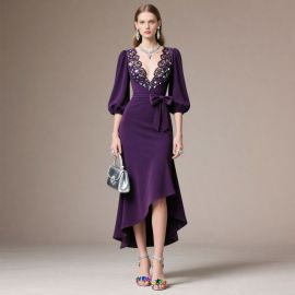 Elegant Purple Deep V-Neck Lace Beaded High-Low Midi Dress with Puff Sleeves & Bow Belt