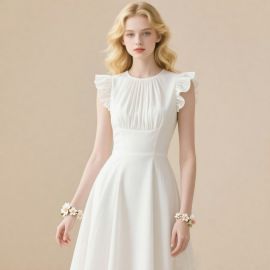 Elegant White Dress with Ruffled Sleeves & Pleated Bodice - Romantic Summer Style