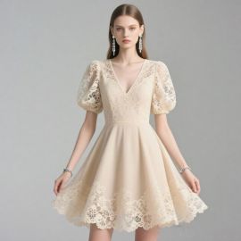 Chic Beige Lace Dress: Puff Sleeves, V-Neck & Flared Hem - Elegant Party Style