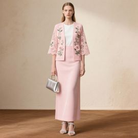 Elegant Pink Lace Embroidered Short Jacket & Midi Skirt Set - Chic Women's Fashion